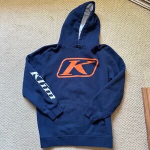 KLIM Hoodie Men's Large Navy Blue Orange Spell-out Sleeve Gorpcore Snowmobile